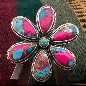 ❤️ Kingman Cotton Candy Flower Turquoise Statement Ring Size 6.5 - Wt 18.5 Gm 🌺